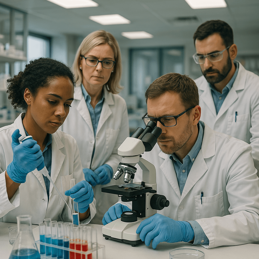 Laboratory researchers examining samples